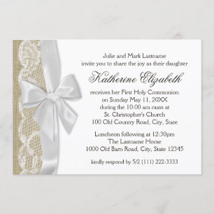Convites Colar Branco e Primeira Comunhão de Burlap