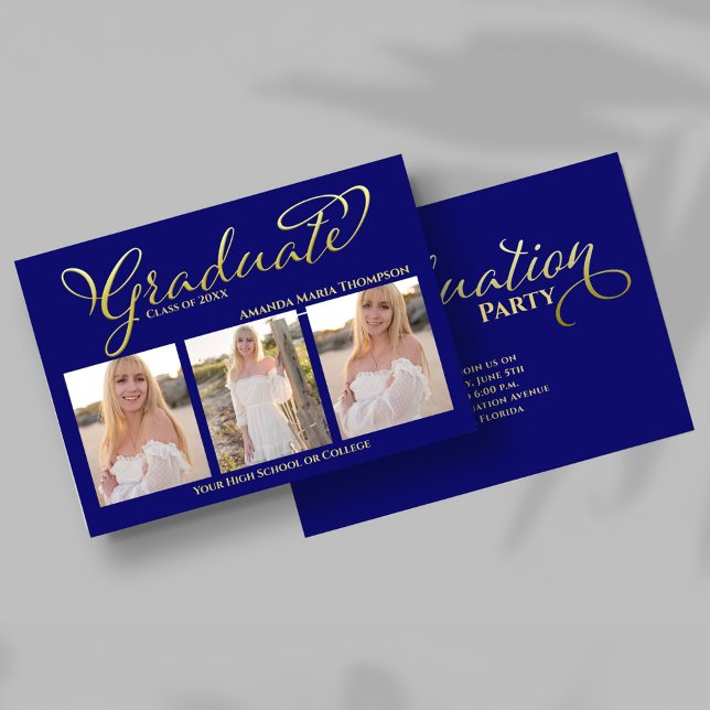 Convites Colar de Graduação em Fotocolagem Azul Marinho Dou (Navy blue and gold script graduation photo collage announcement with three senior portraits.)