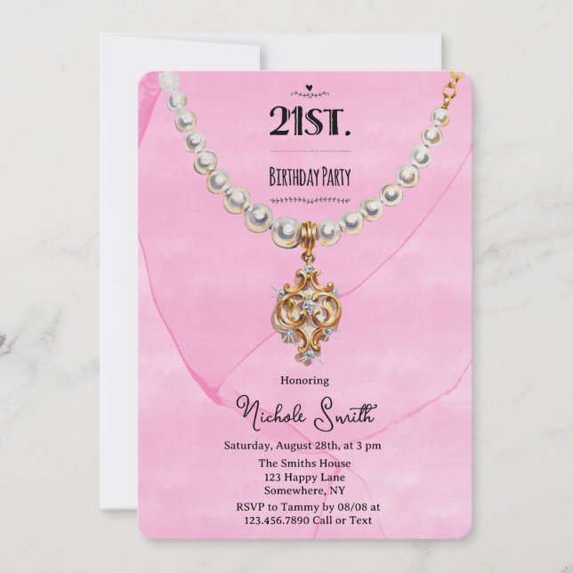 Convites Colar de Pérola Rosa Aniversário de 21 Anos (Frente)