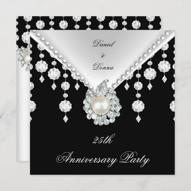 Convites Colar Pérola Branca Preta Prata de Aniversário de  (Frente/Verso)
