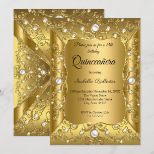 Convites Colar Pérola Dourada Festa de Aniversário de Quinz