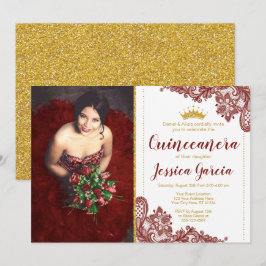 Convites Colar Vermelho Escuro e Dourada princesa Glitter Q