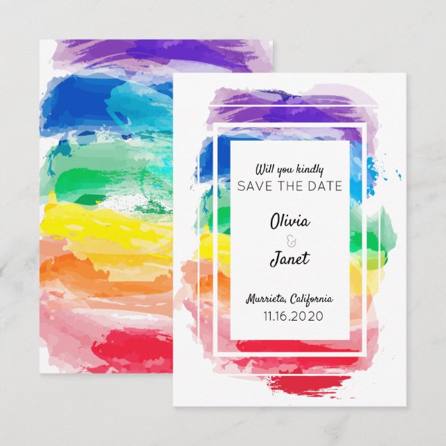 Convites Coleção de Aquarelas Arco-íris Salve a Data (Frente/Verso)