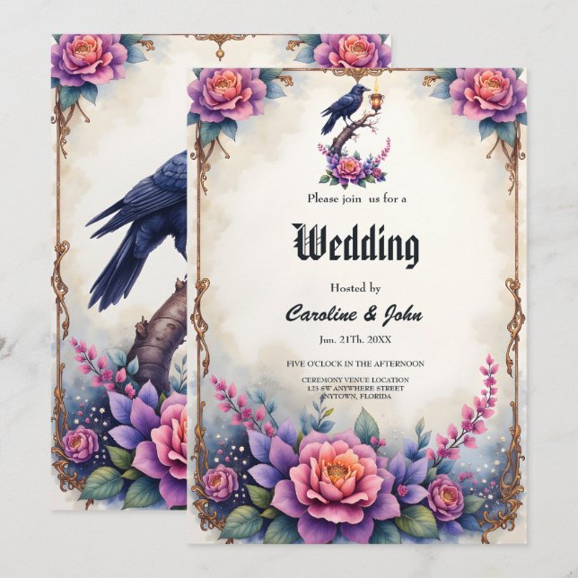Convites Coleção de Casamento Enchanted Raven Wedding (Frente/Verso)