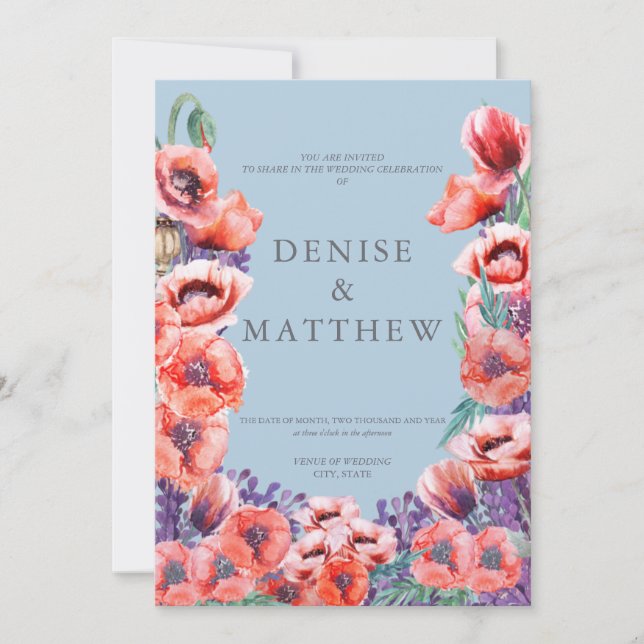 Convites Coleção Poppy com Fundo Azul de Omphalodes (Frente)