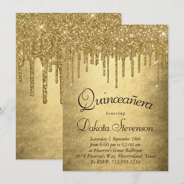 Convites Coleta Dourada | Champagne Melt Quinceanera (Frente/Verso)