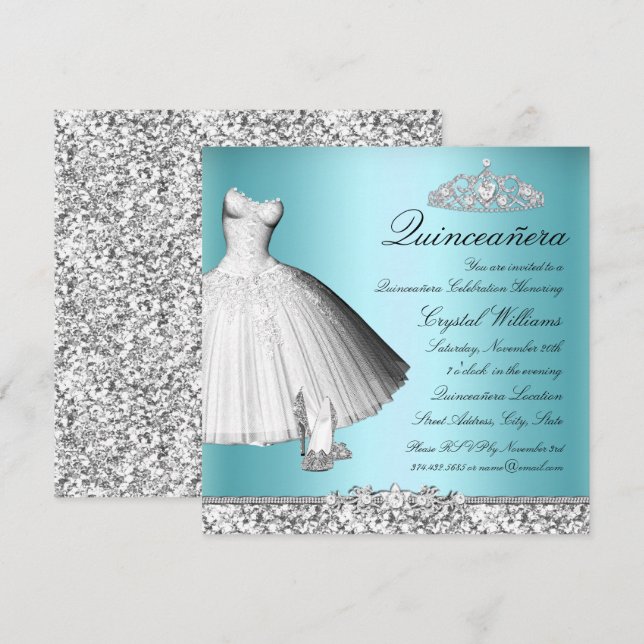 Convites Coletor Azul Espelho Brilhante e Calcanhares Quinc (Frente/Verso)