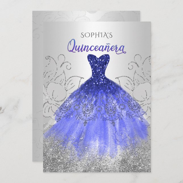 Convites Coletor Azul Real Silver Quinceañera (Frente/Verso)