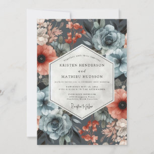 Convites Colheita de Casamento Floral Azul Ardósia