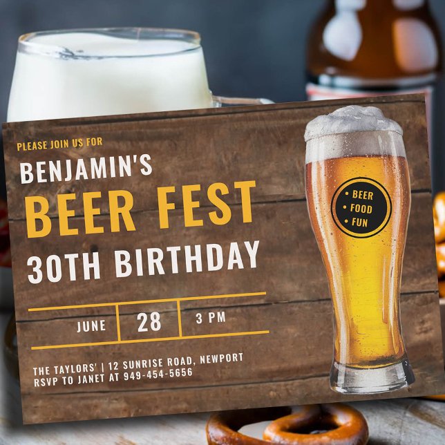Convites Colheita de Cerveja Homens Rústicos aniversário de (mens 30th birthday beer fest party invitation ticket photo black white yellow cheers rustic brewery)