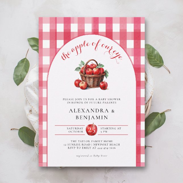 Convites Colheita de Maçã de Outono Rústico Vermelho Casal  (fall baby shower invitation neutral coed couple apple of our eye harvest red gingham boho arch)