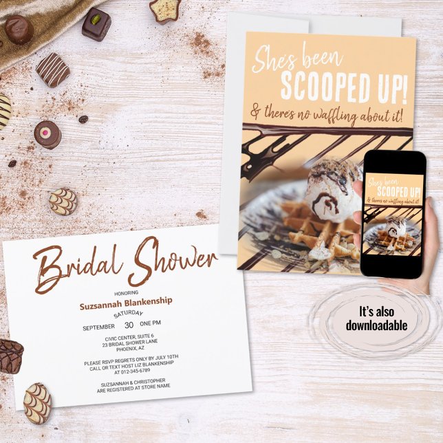Convites Colher de Sorvete com Chuva de Chocolate em um Waf (Ice cream and waffle bridal shower invitation ready for personalization. )