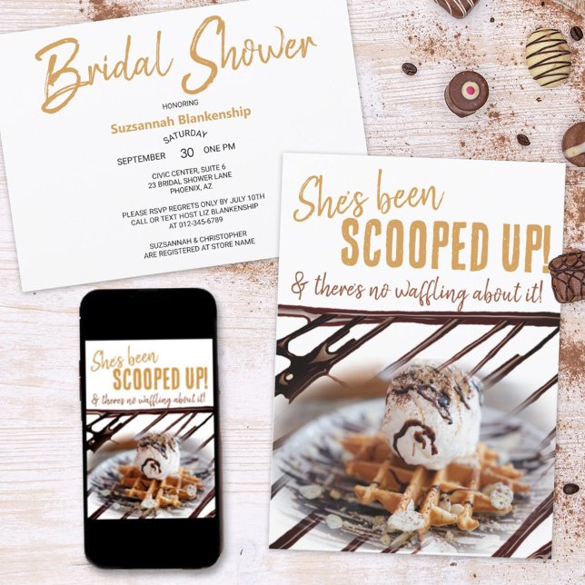 Convites Colher de Sorvete em Cone de Waffle Chá de Noiva  (Grab attention with a fun bridal shower invitation cover of a scoop of ice cream on a waffle. )