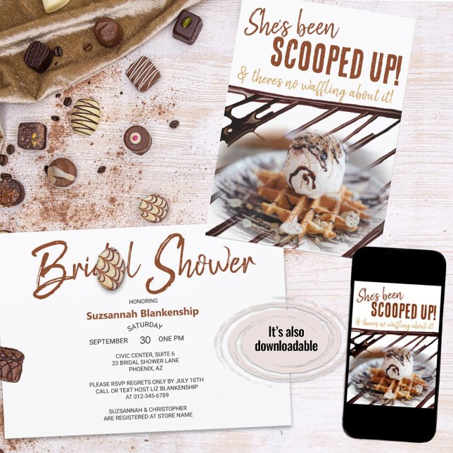Convites Colher de Sorvete Waffle com Gotejamento de Chocol (A fun ice cream waffle bridal shower design ready for your personalization. )