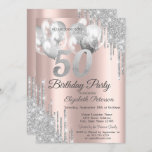Convites Colírio de Prata Balões 50ª Festa de aniversário<br><div class="desc">Um moderno,  chique e glamouroso com gotas de luz prateada,  e balões sobre um fundo rosa de ouro.</div>