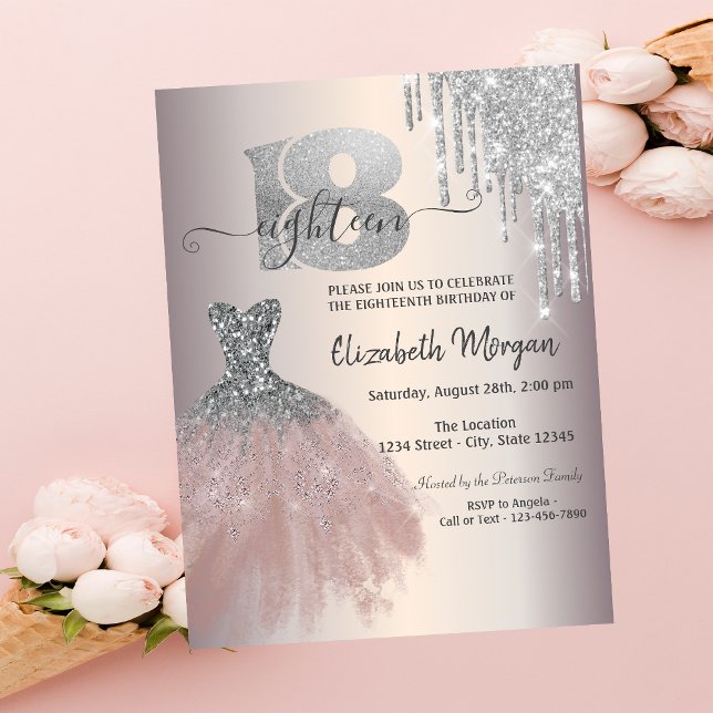 Convites Colírio de Prata Glitter Vestido 18º Aniversário (Criador carregado)