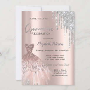 Convites Colírio de Prata, Rosa de Vestido Dourado Quinceañ