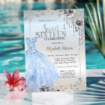 Convites Colírio de Prata,Rosas de Vestido Azul Doce 16<br><div class="desc">Vestidos azuis,  rosas e brilho prateado pingam em fundo prateado.</div>