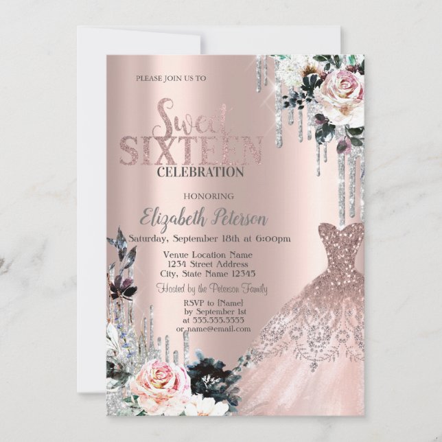 Convites Colírio de Prata,Rosas de Vestido Doce Doce 16 (Frente)