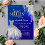 Convites Colírio de Prata, Vestido Azul Doce 16<br><div class="desc">Vestidos elegantes de prata e brilho prateado pingam em fundo azul.</div>