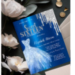 Convites Colírio de Prata,Vestido Azul Metálico Doce 16<br><div class="desc">Vestidos azuis elegantes e brilho prateado pingam em um fundo azul metálico.</div>