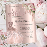 Convites Colírio Dourado rosa, Flores De Vestido Doce 16<br><div class="desc">Vestido elegante de ouro rosa,  flores e glitter de ouro rosa em um fundo de ouro rosa.</div>