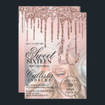 Convites Colírio metálico Dourado rosa Foto Sweet 16<br><div class="desc">Este convite de aniversário giro e glamouroso e fofo, 16, é perfeito para uma na moda e moça mocinha. Ele apresenta pingos de brilho dourado rosa cintilante impressos em falso, sobre um gradiente metálico sem barra de rosa dourado e fundo de imagem. A tipografia é uma elegante escrita cursiva com...</div>