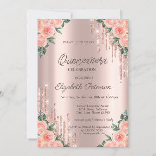 Convites Colírio Moderno Rosa Floral Dourada Quinceanera