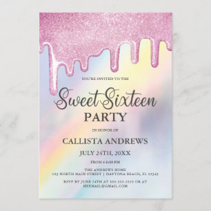 Convites Colírio rosa Colírio Arco-Íris Holográfico Doce 16