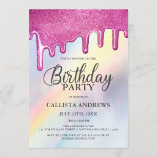 Convites Colírio Rosa Coloca Arco-Íris Holográfico Aniversá