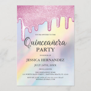 Convites Colírio Rosa Coloca Arco-Íris Holográfico Quinceañ