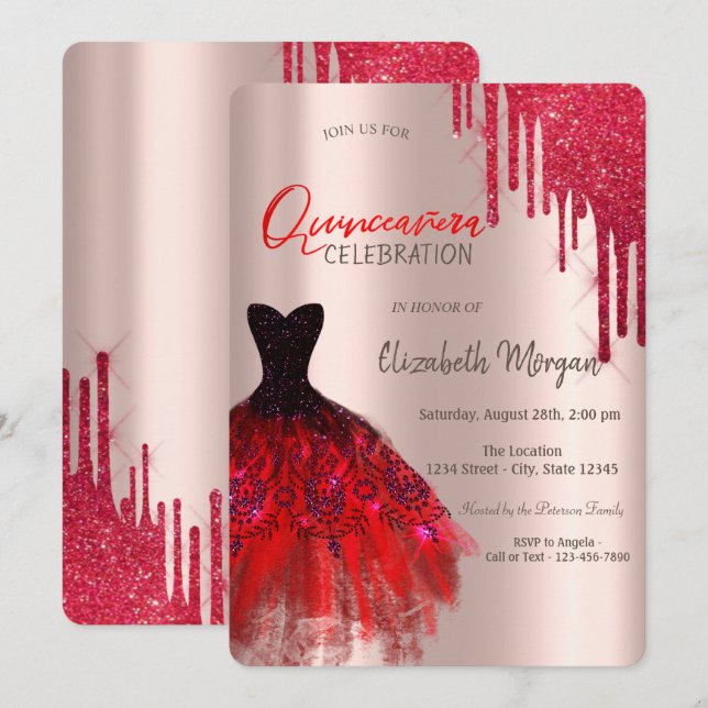 Convites Colírio Vermelho Elegante Coloca Quinceañera (Frente/Verso)