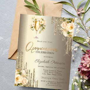 Convites Colírio Vidro Floral Champanhe Quinceañera