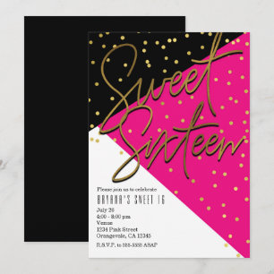 Convites Color Block Rosa Preto Dourado Sweet 16