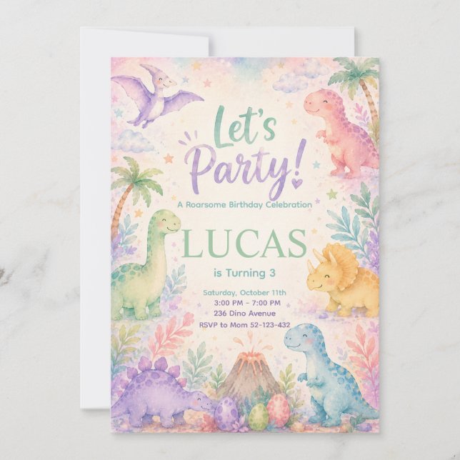 Convites Color Dinosaur Birthday Invitation Editable (Frente)