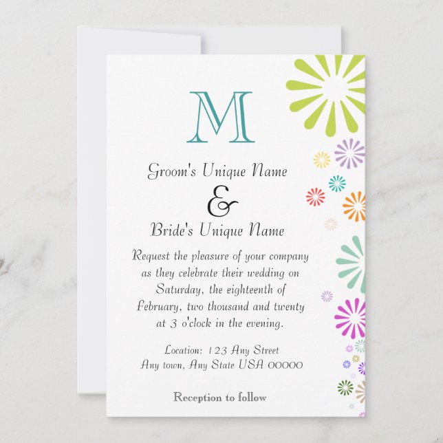 Convites Colorbursts Monograma Casamento (Frente)