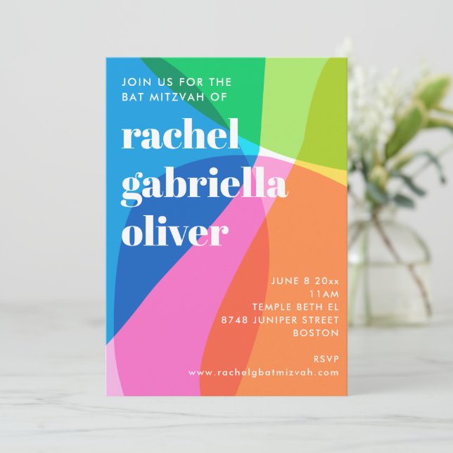 Convites Colorful Abstract Rainbow Photo Bat Mitzvah Party (Em pé/Frente)