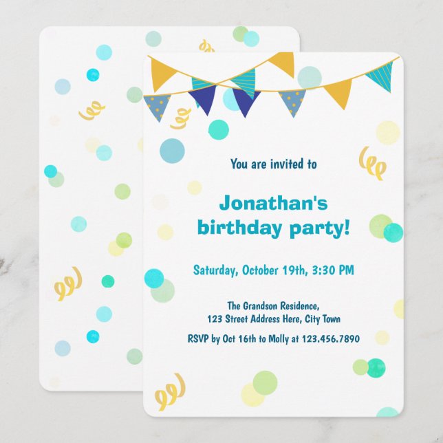 Convites Colorful Blue Green & Yellow Confetti Boy Birthday (Frente/Verso)