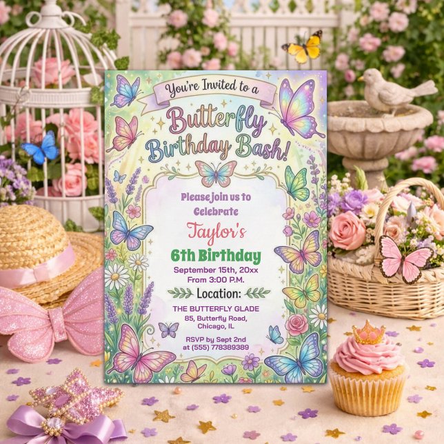 Convites Colorful Butterflies 6th Birthday Bash Invitation (Criador carregado)