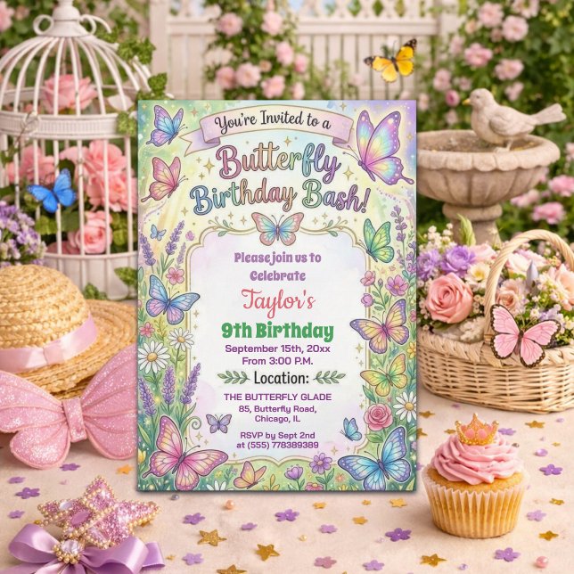 Convites Colorful Butterflies 9th Birthday Bash Invitation (Criador carregado)
