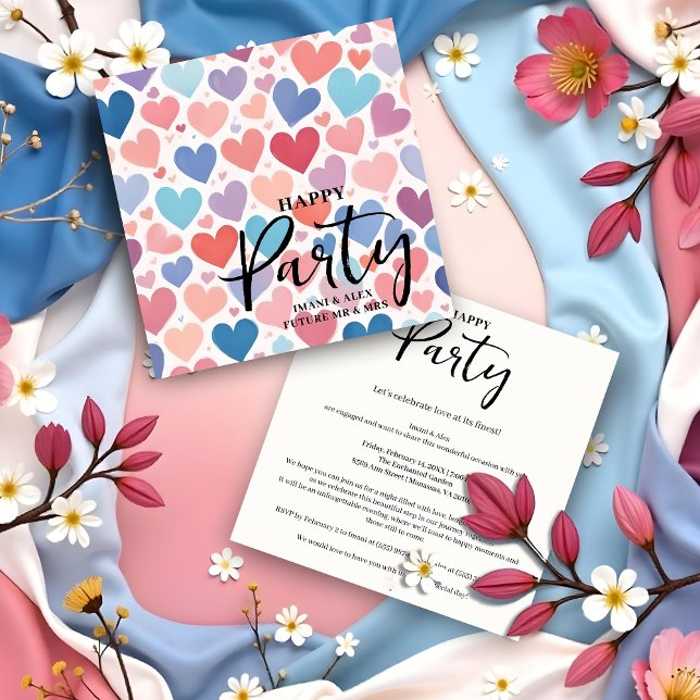 Convites Colorful Chic Charming Scattered Hearts Engagement (Colorful Chic & Charming Scattered Hearts Engagement Party Invitations Cards.)