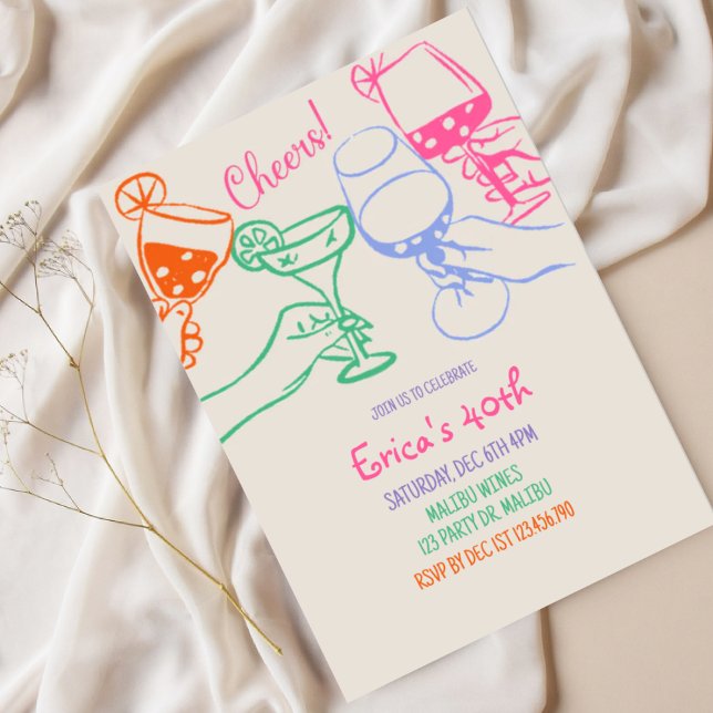Convites Colorful Cocktail Line Art Birthday Invitation |  (Criador carregado)