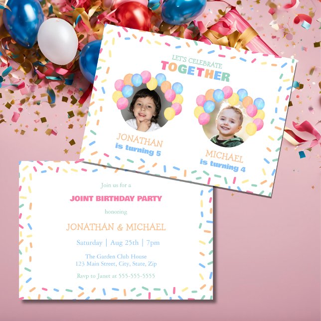 Convites Colorful Confetti Balloon Photo Dual Birthday (Criador carregado)