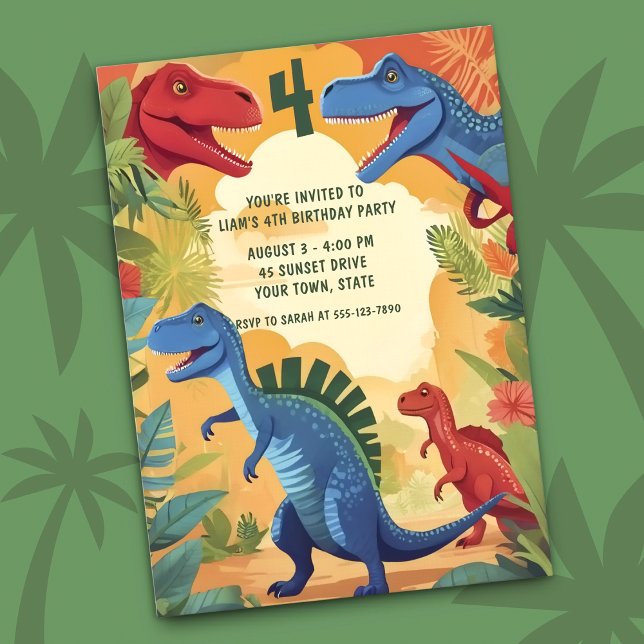 Convites Colorful Dinosaurs Jungle Adventure 4th Birthday (Criador carregado)