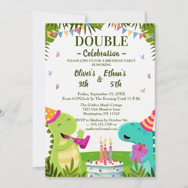 Convites Colorful Dinosaurs Kids Joint Birthday Invitation (Frente)