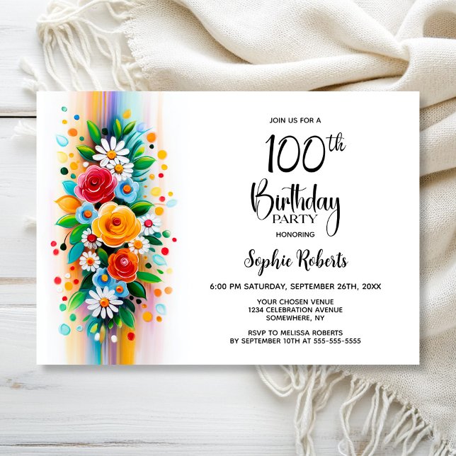Convites Colorful Floral 100th Birthday Party (Criador carregado)