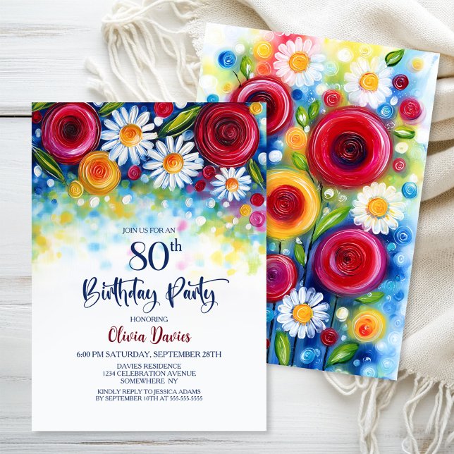 Convites Colorful Floral 80th Birthday Party (Criador carregado)