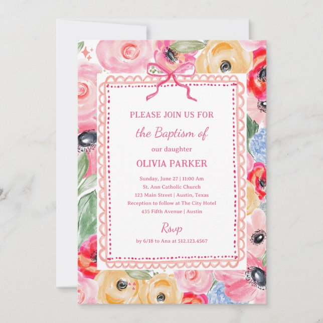 Convites Colorful Floral Baptism | Whimsical Frame and Bow (Frente)
