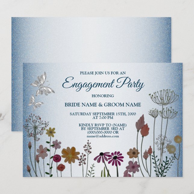 Convites Colorful Floral Blue Glitter Engagement Party (Frente/Verso)