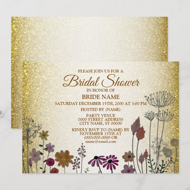 Convites Colorful Floral Garden Gold Glitter Bridal Shower (Frente/Verso)